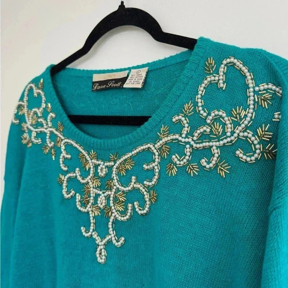 Vintage Teal Beaded Sweater by Dana Scott - Size L - Picture 5 of 9